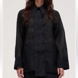 GANNI Jacquard Organza Wide Placket Shirt in Black